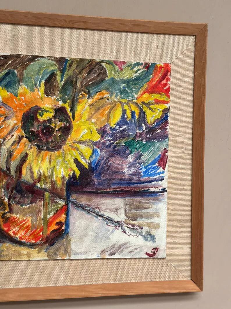 Original Swedish Oil on Panel – “Sunflowers” – Monogram Signed – Vintage & Framed
