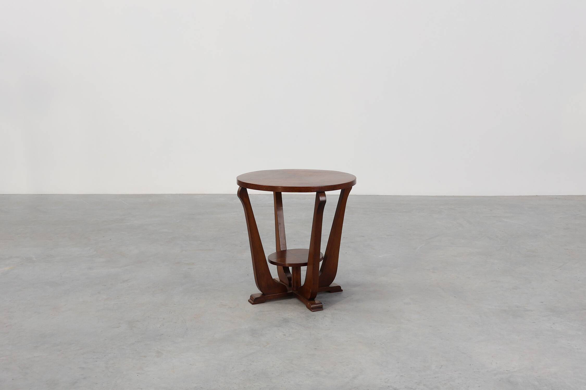 Art Deco Oak Side Table with Sculptural Base and Geometric Top, Belgium ca.