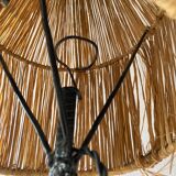 Wrought iron floor lamp with magazine holder and sisal shade, 1950s