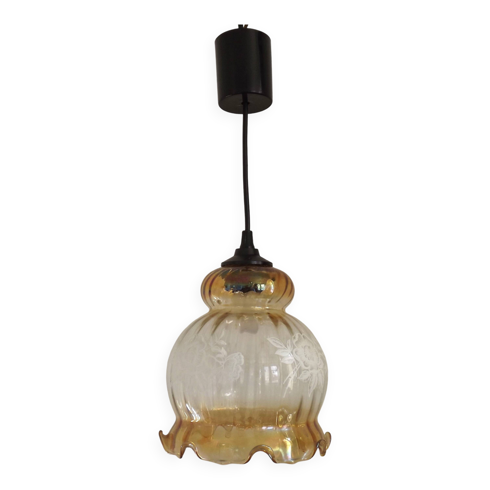 French vintage amber and clear glass ceiling light with white floral decoration.