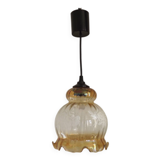 French vintage amber and clear glass ceiling light with white floral decoration.