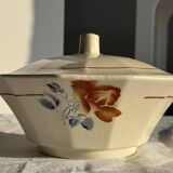 Antique Sarreguemines soup tureen with lid, rose pattern, D33 H28.