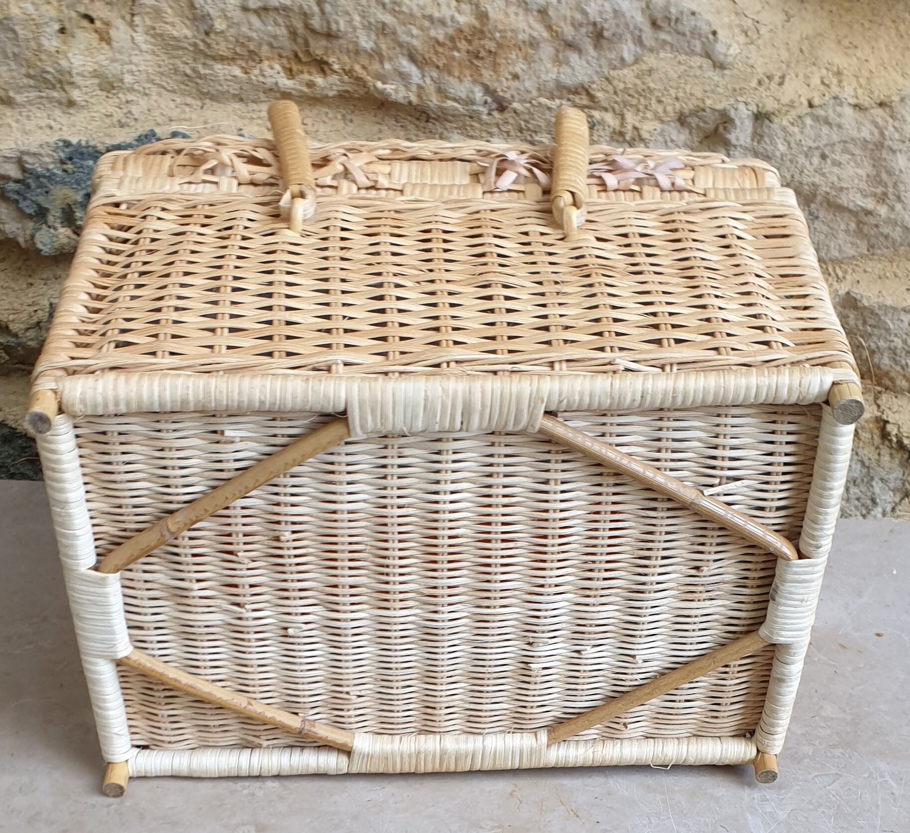 Vanity, vintage wicker suitcase