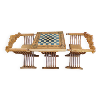 Chessboard and backgammon table with 2 Dagobert style armchairs