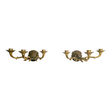 20th Century French Bronze & Brass Wall Sconces with Lion Heads, Set of 2