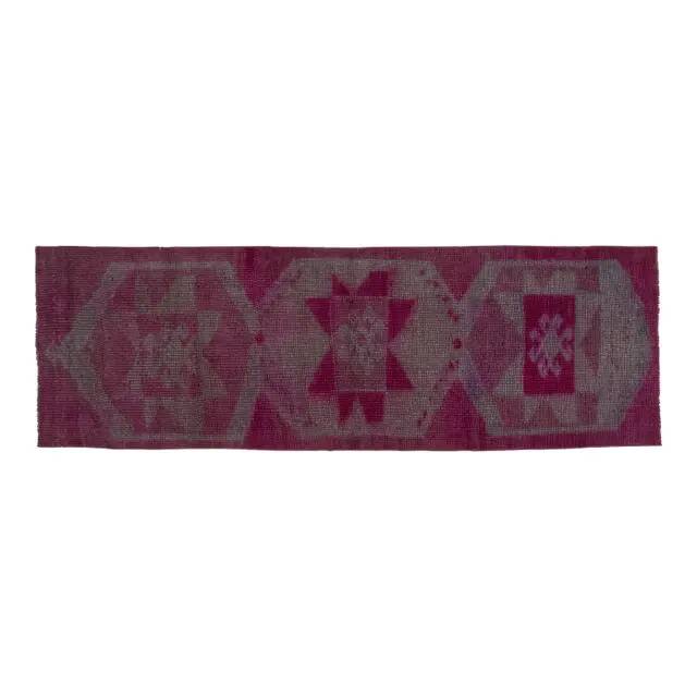 1970s Vintage Turkish Oushak Handmade Wool Cotton Purple Runner Rug 86x261