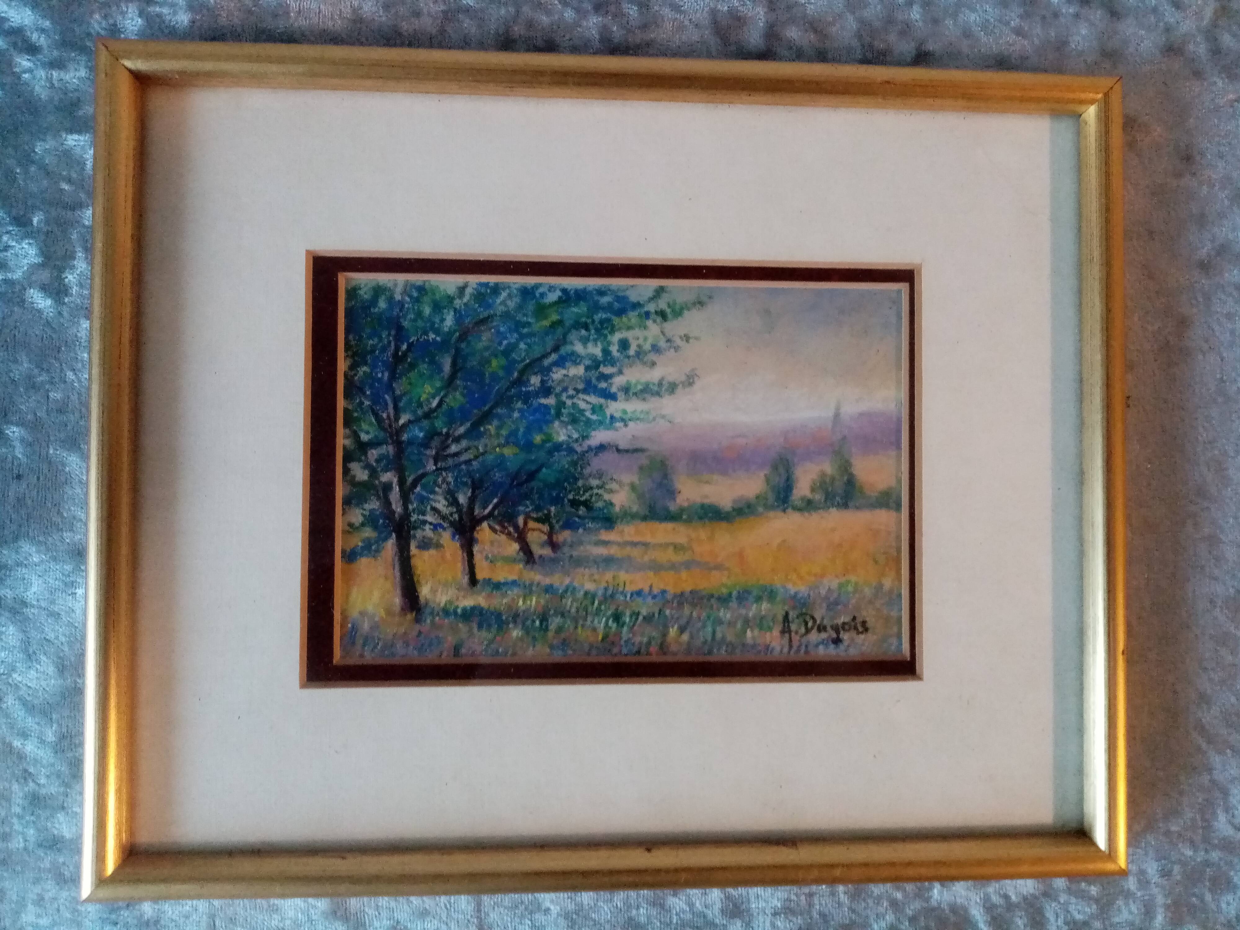 Old pastel painting of Vosges landscape in spring signed Antoine Dugois