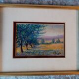 Old pastel painting of Vosges landscape in spring signed Antoine Dugois