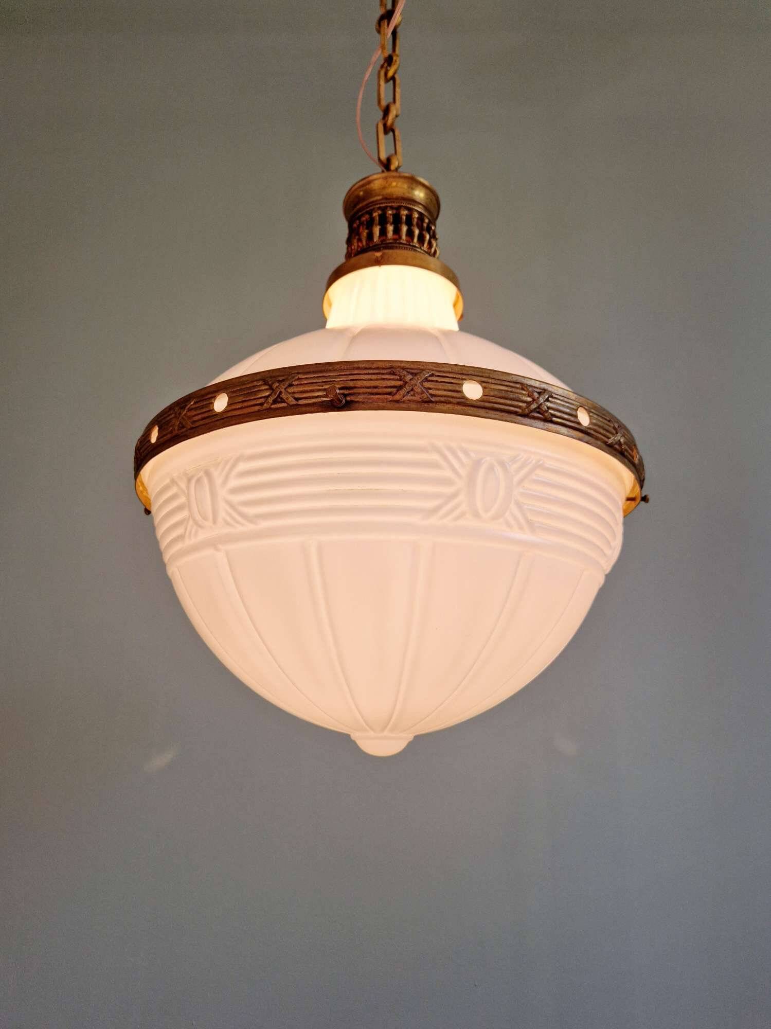 Large Art Deco pendant light in milky glass and brass, 1920