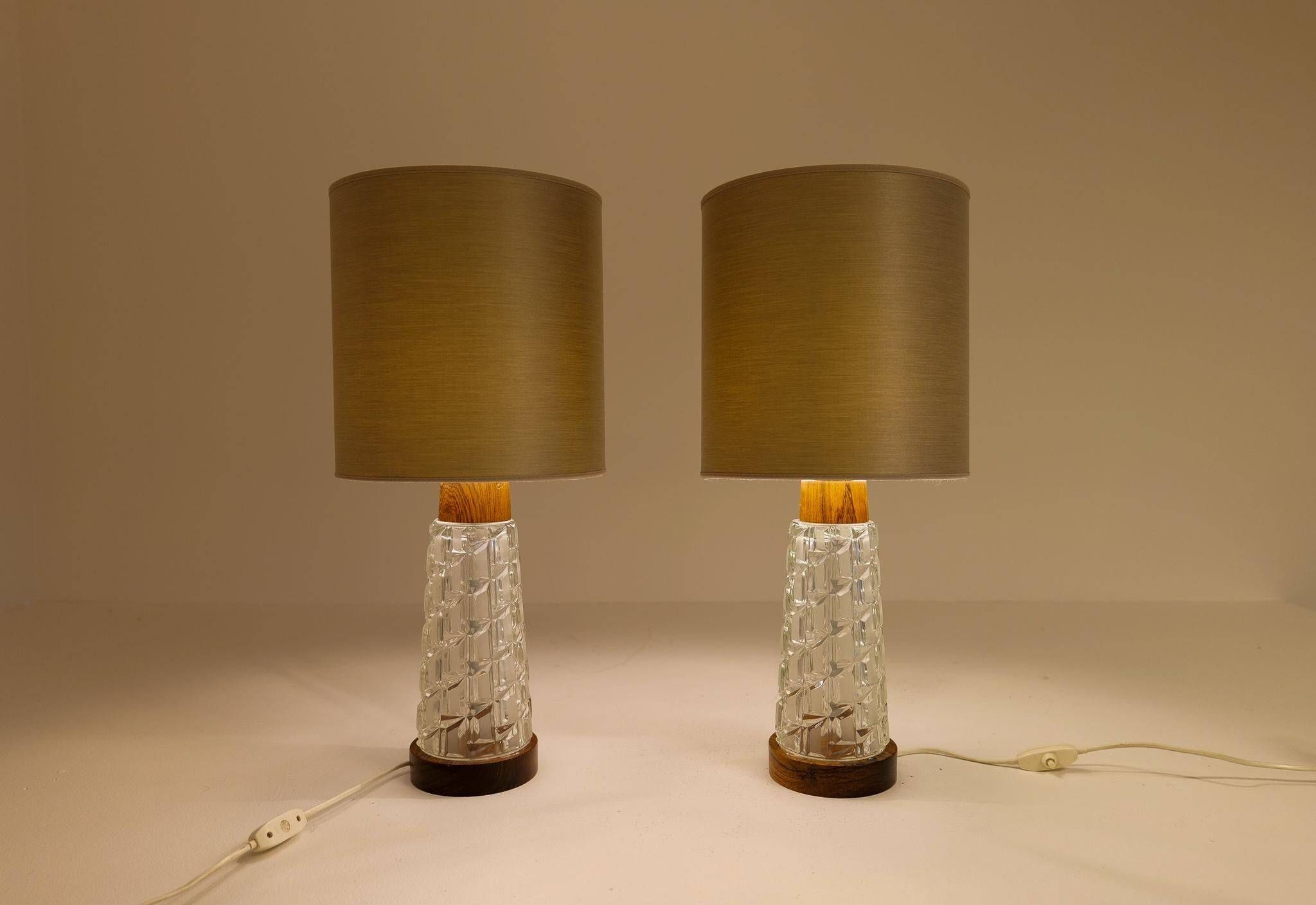Midcentury table lamps Orrefors teak and glass Sweden
