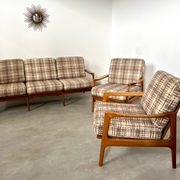 Lot armchairs and sofa 60 years Scandinavian design in vintage blond teak