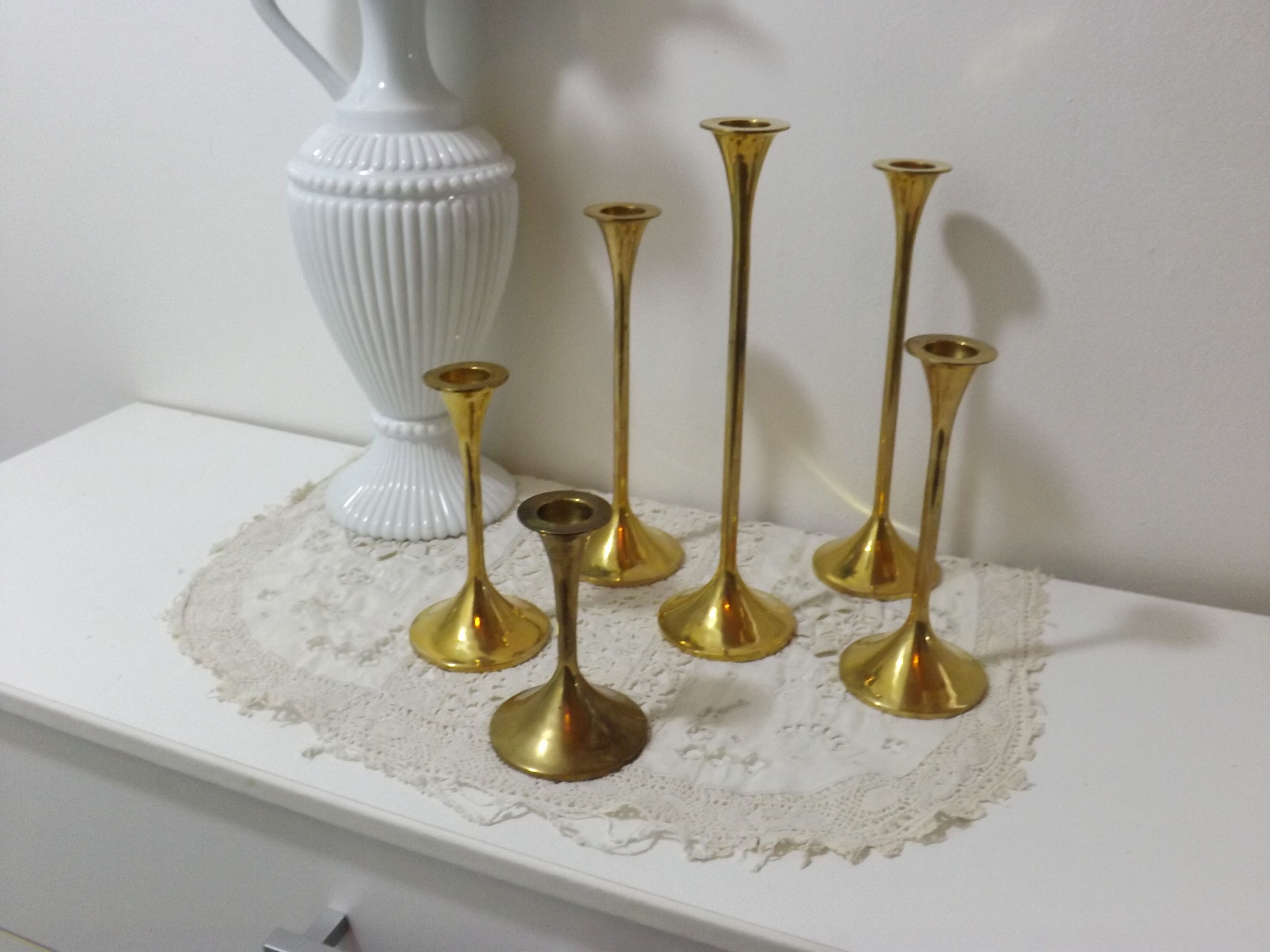 Set of 6 old brass and gold metal candlesticks