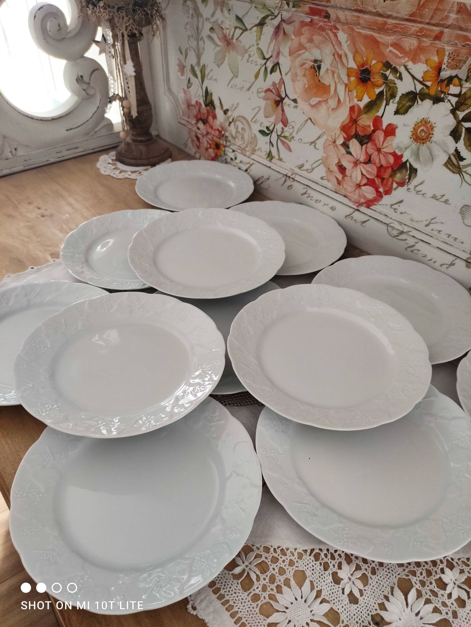 Set of 12 dessert plates in white porcelain marli in relief Wild Ivy