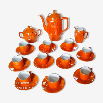 Service à café en porcelaine orange irisé des années 50-60 avec liseré noir