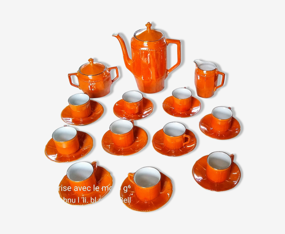 Service à café en porcelaine orange irisé des années 50-60 avec liseré noir