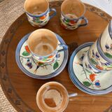 7 cups 1950 enamelled china saucers coffee or tea painted decoration birds