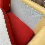 Art Deco 3-seater convertible sofa in genuine beige leather and red fabric from the 1980s.