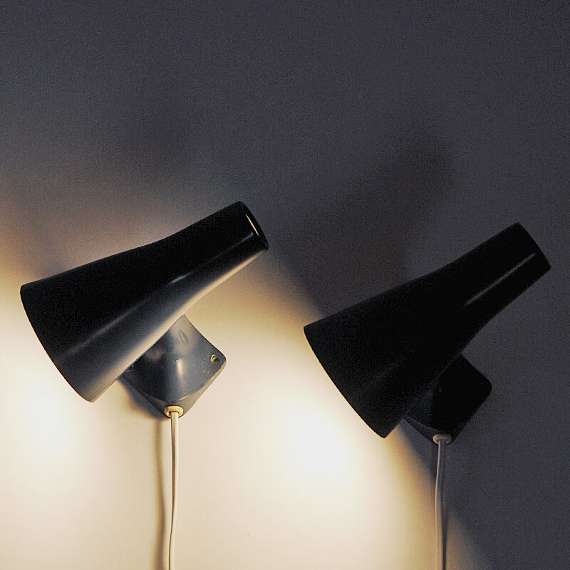 Blue metal cone shaped wall sconces pair by Asea - Sweden 1950s
