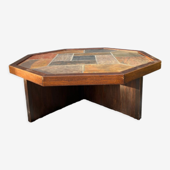 Table basse vintage en bois de chêne brutaliste en pierre hexagone