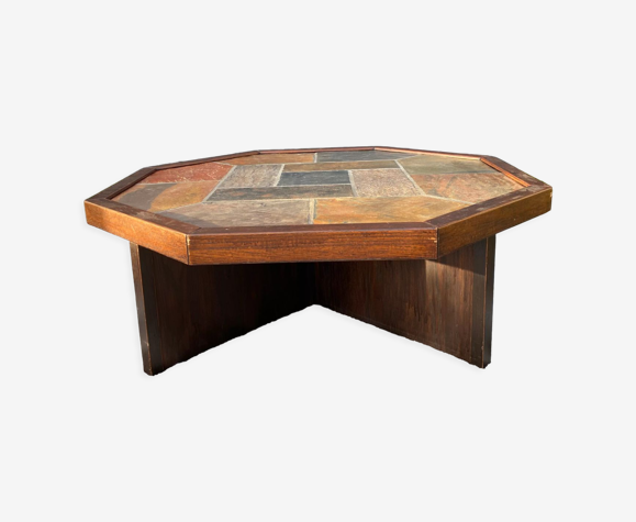 Vintage brutalist stone oak wood coffee table hexagon | Selency
