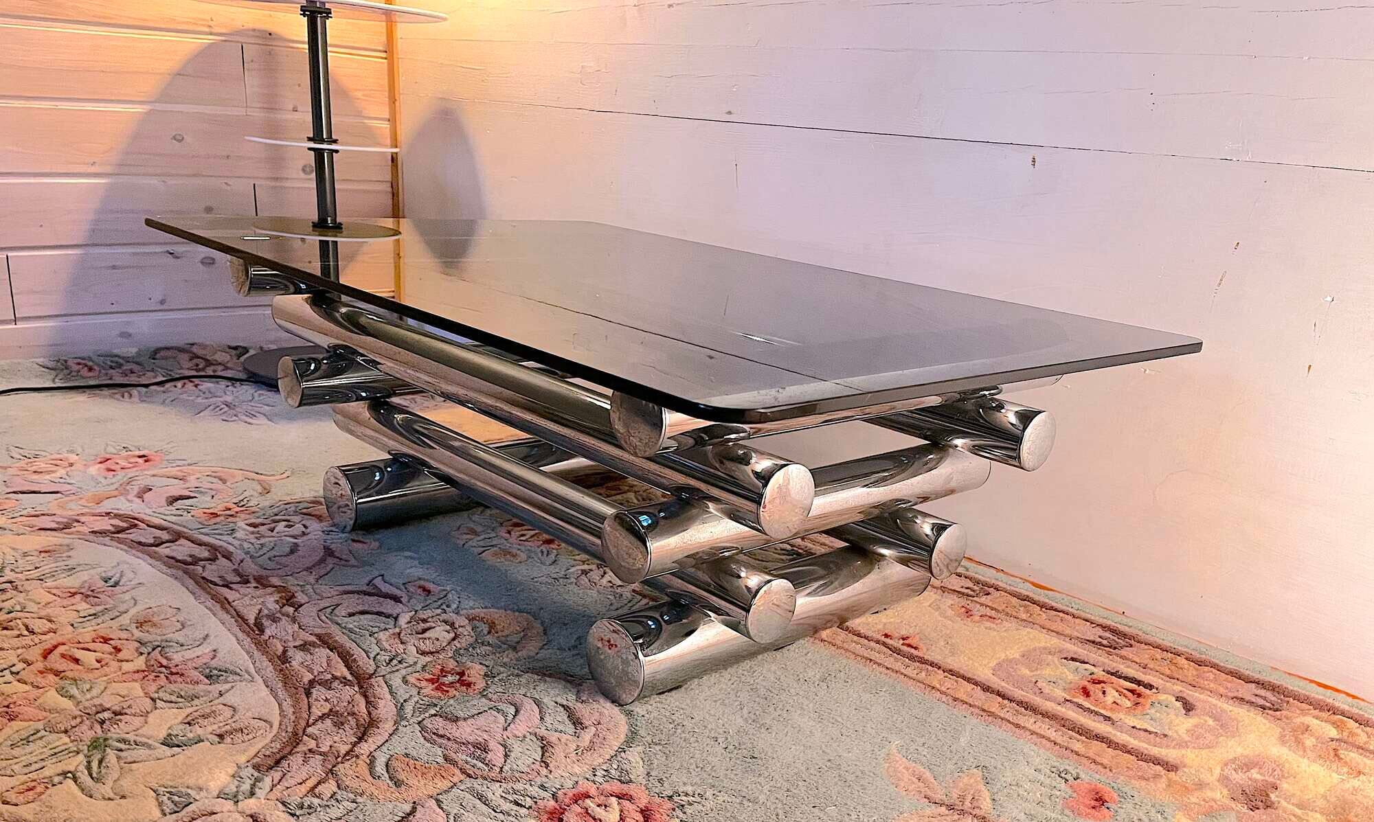Mid-twentieth century chrome and smoked glass coffee table