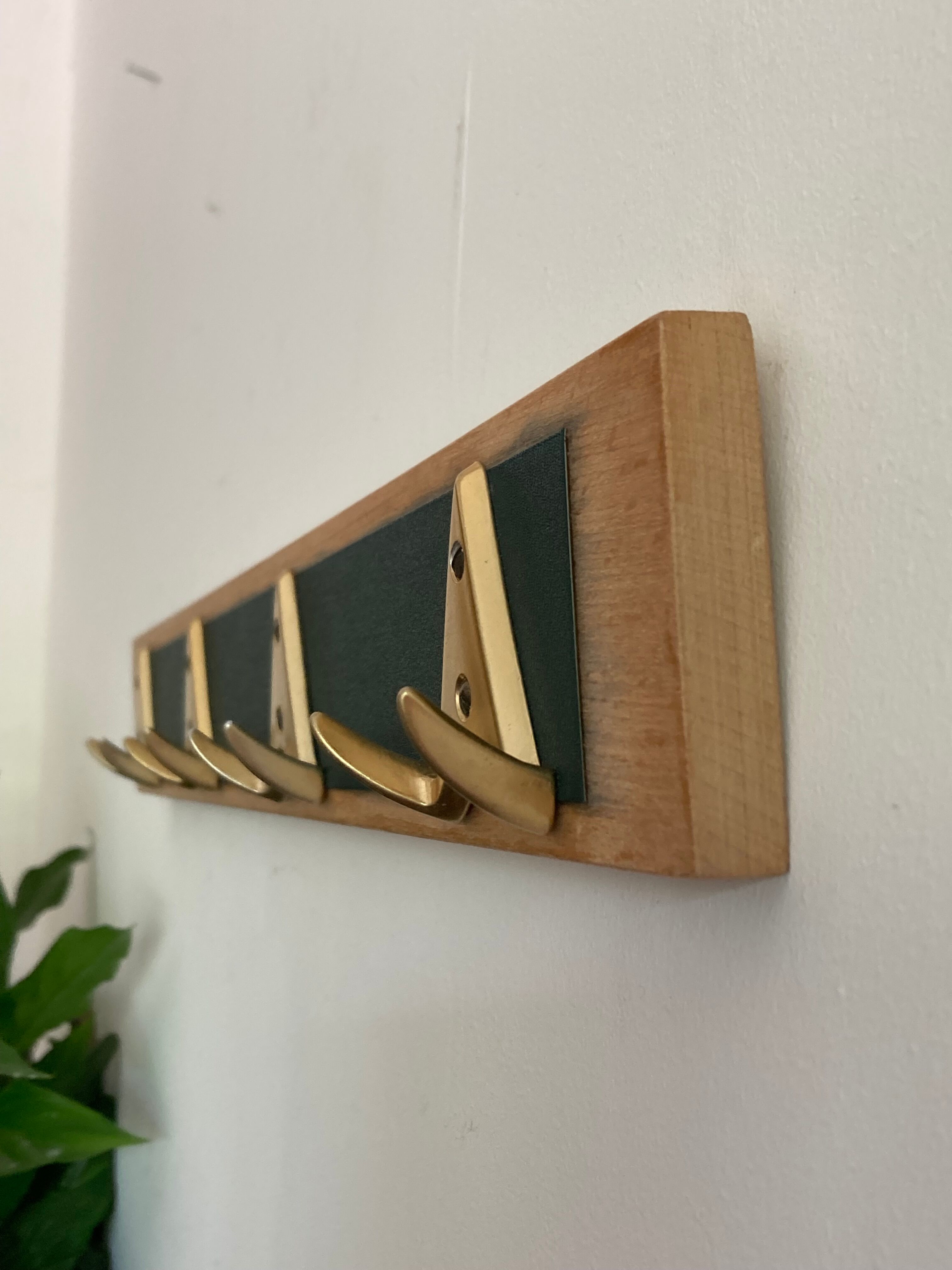 70s wall coat rack with brass hooks