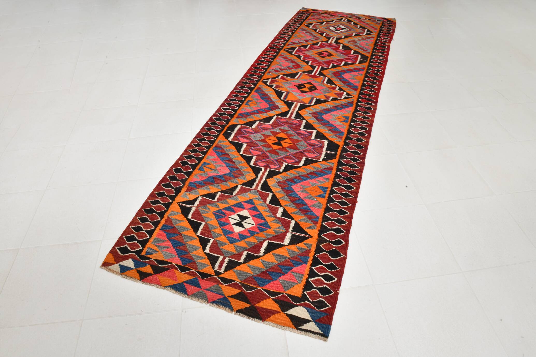 Red & Orange Oriental Kilim Runner Rug, 105x340Cm