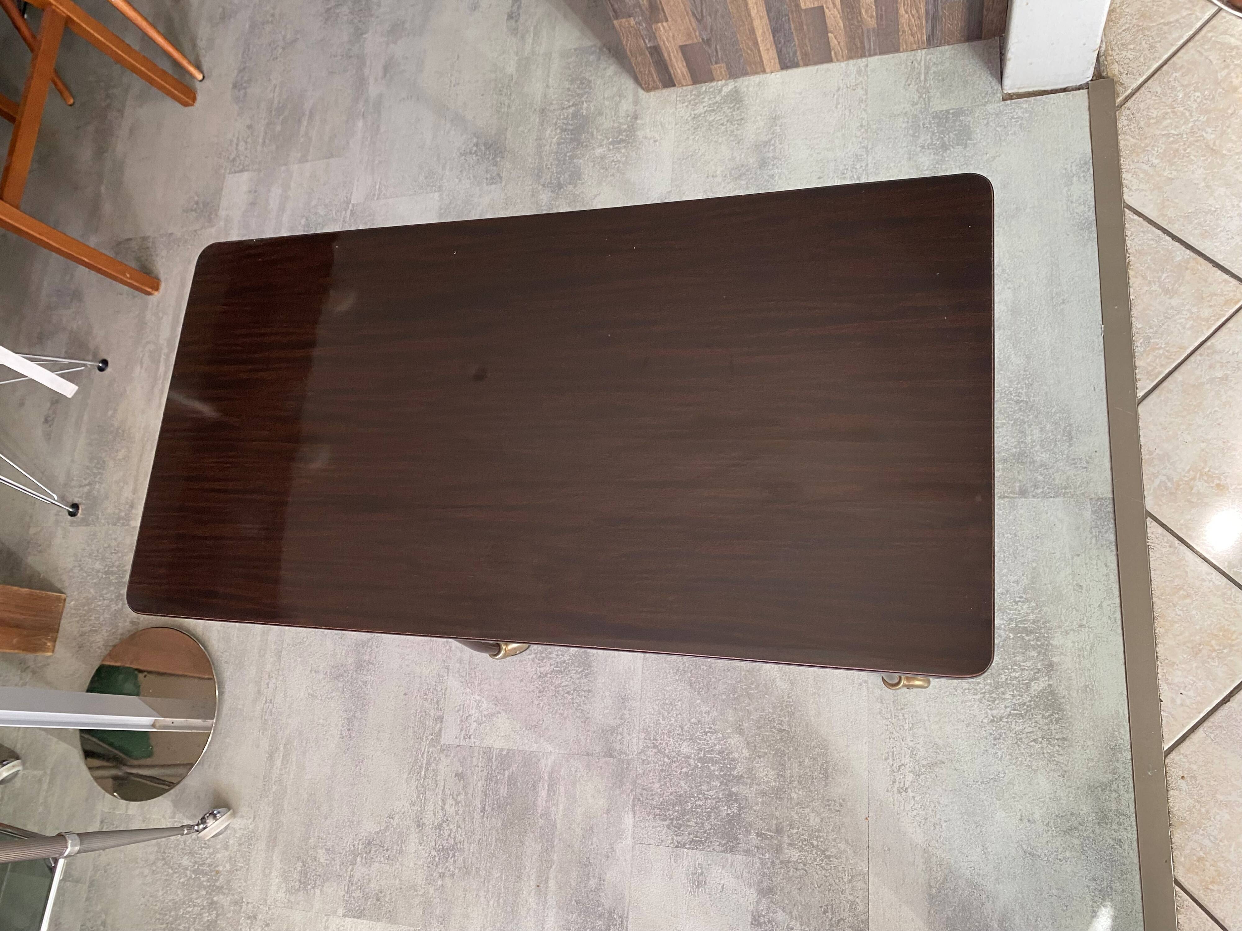 TV stand on casters, 2 brown Formica shelves, 1960s