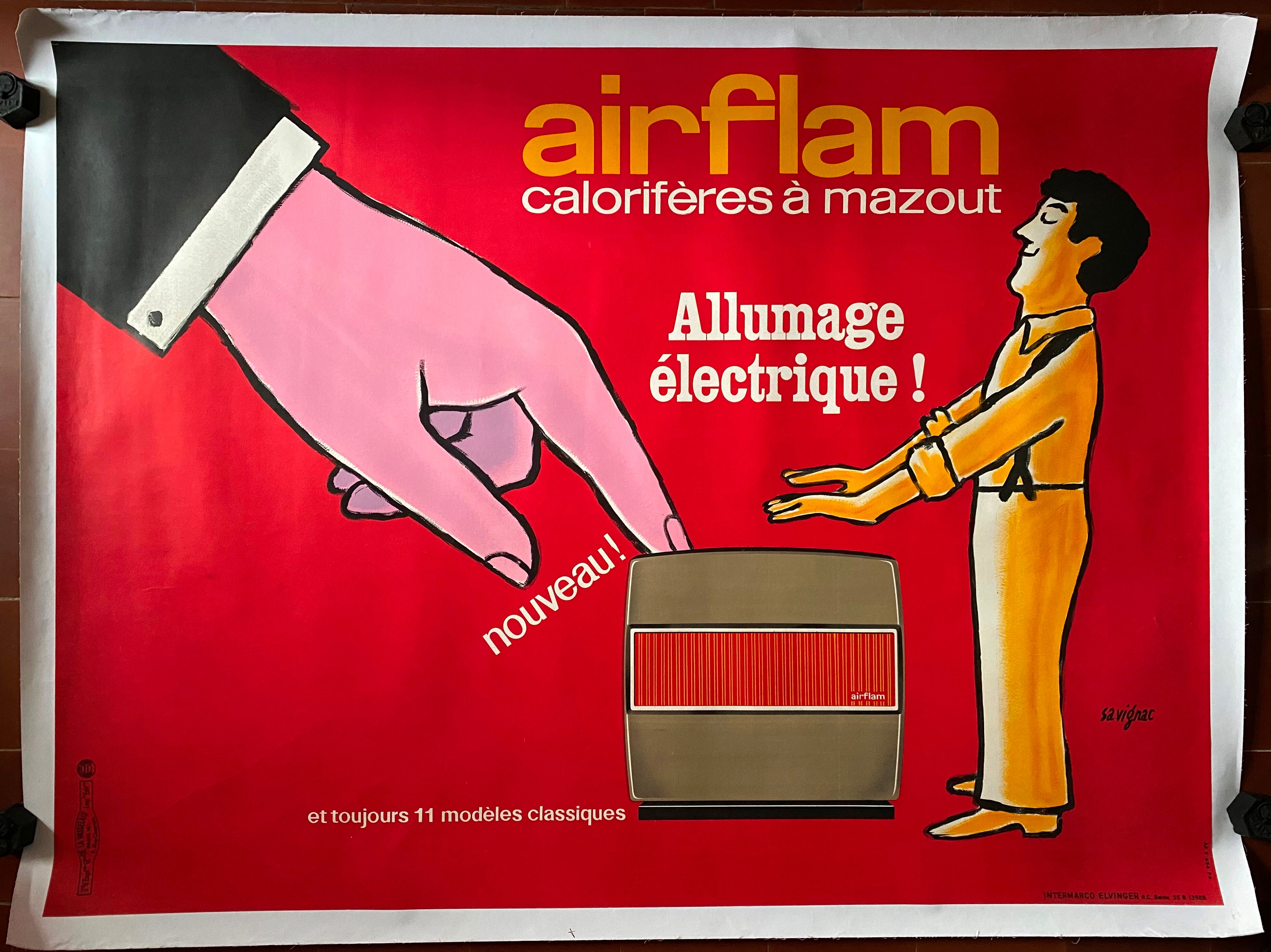 Original poster "Airflam electric ignition" Heating, Savignac 115x153cm 60's