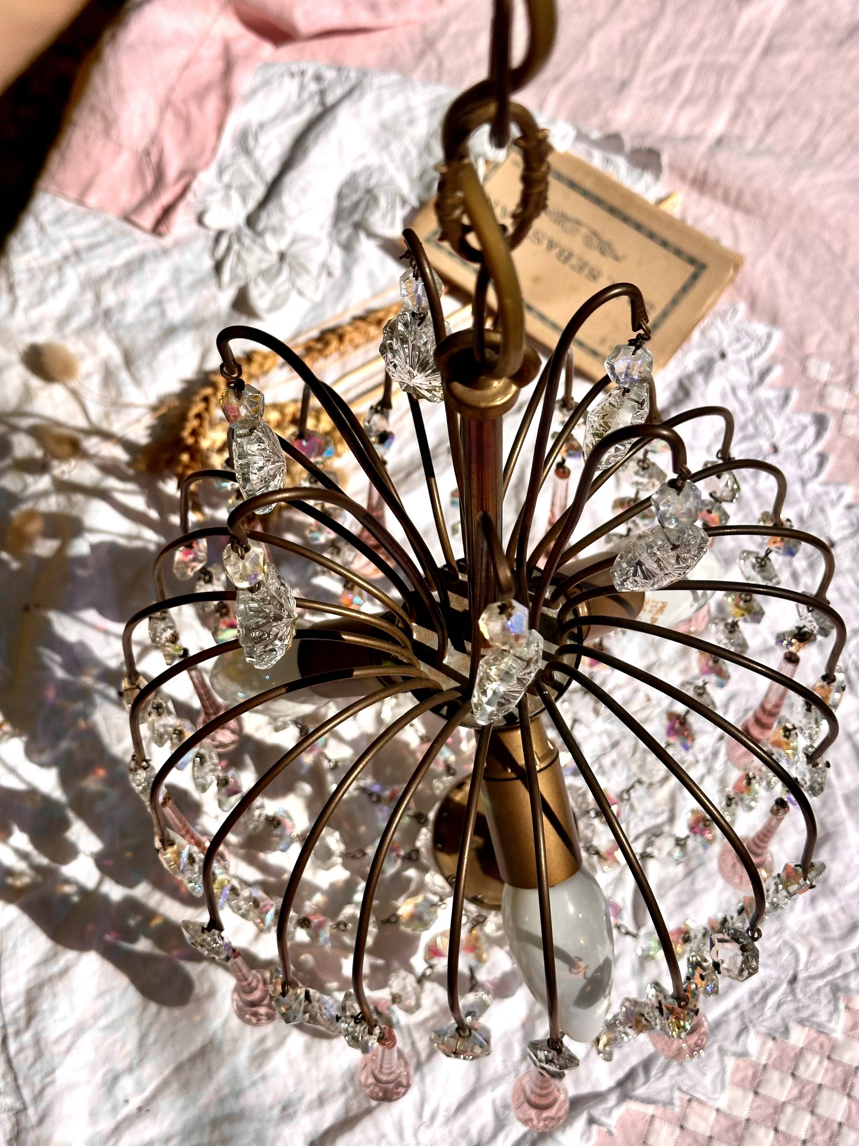 Magnificent Cascade Chandelier in Brass & Crystal Glass 1970s Vintage