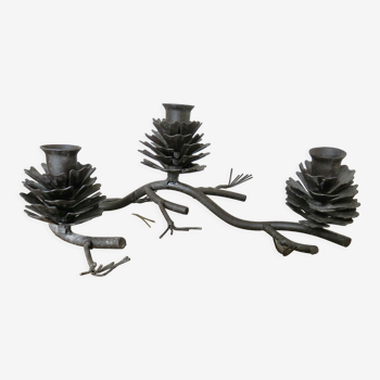 Brutalist candle holder pine cone in black lacquered metal 70s