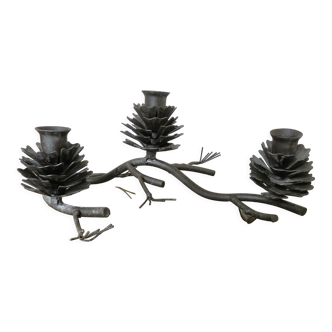 Brutalist candle holder pine cone in black lacquered metal 70s