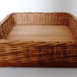 Set with appetizers, wicker tray and 3 colored glass ramekins