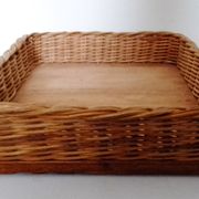 Set with appetizers, wicker tray and 3 colored glass ramekins