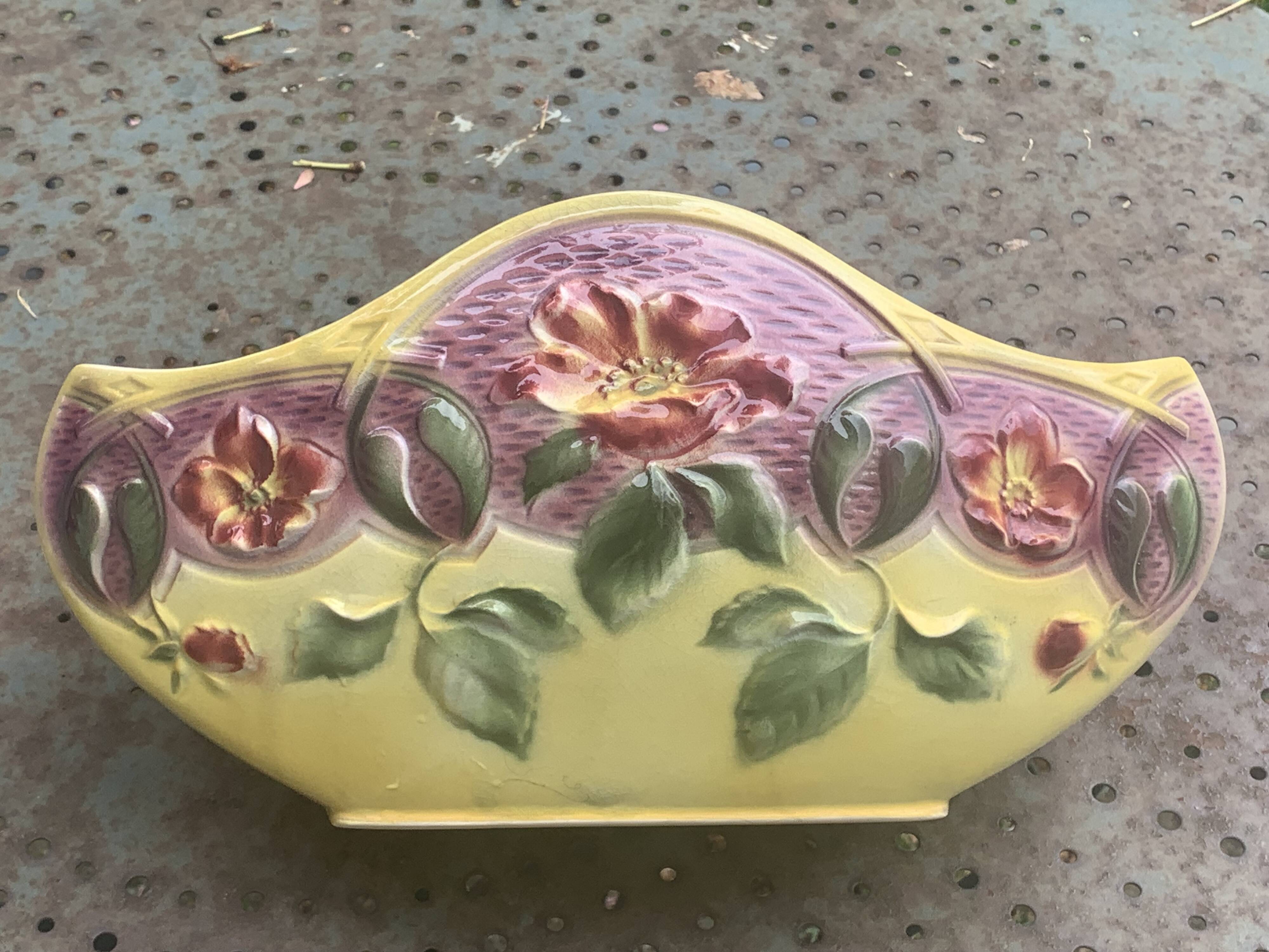 Yellow glazed ceramic slip planter, hawthorn pink flower pattern, art deco