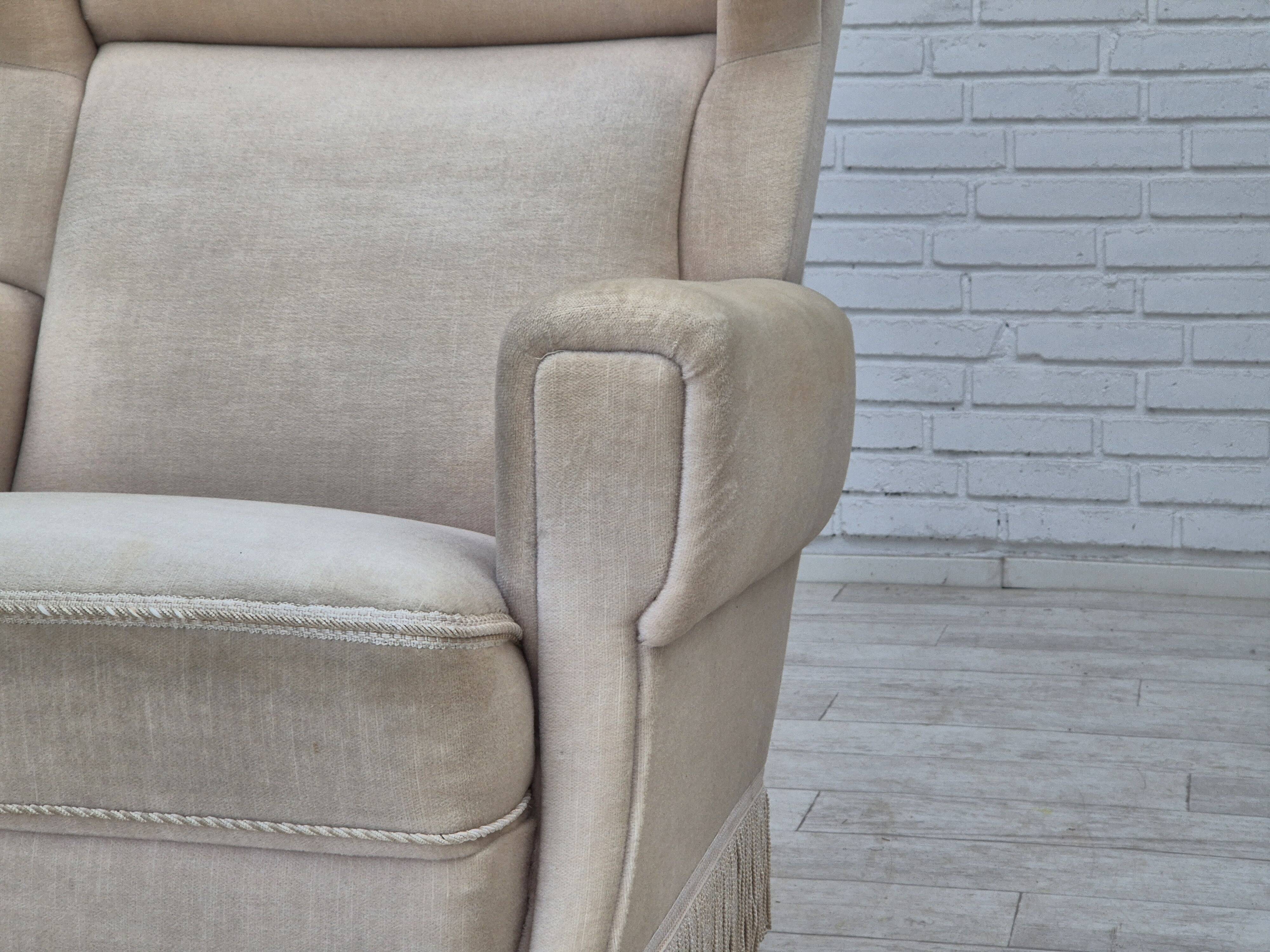1970s, Danish wingback armchair, original condition, furniture velour, ash wood.