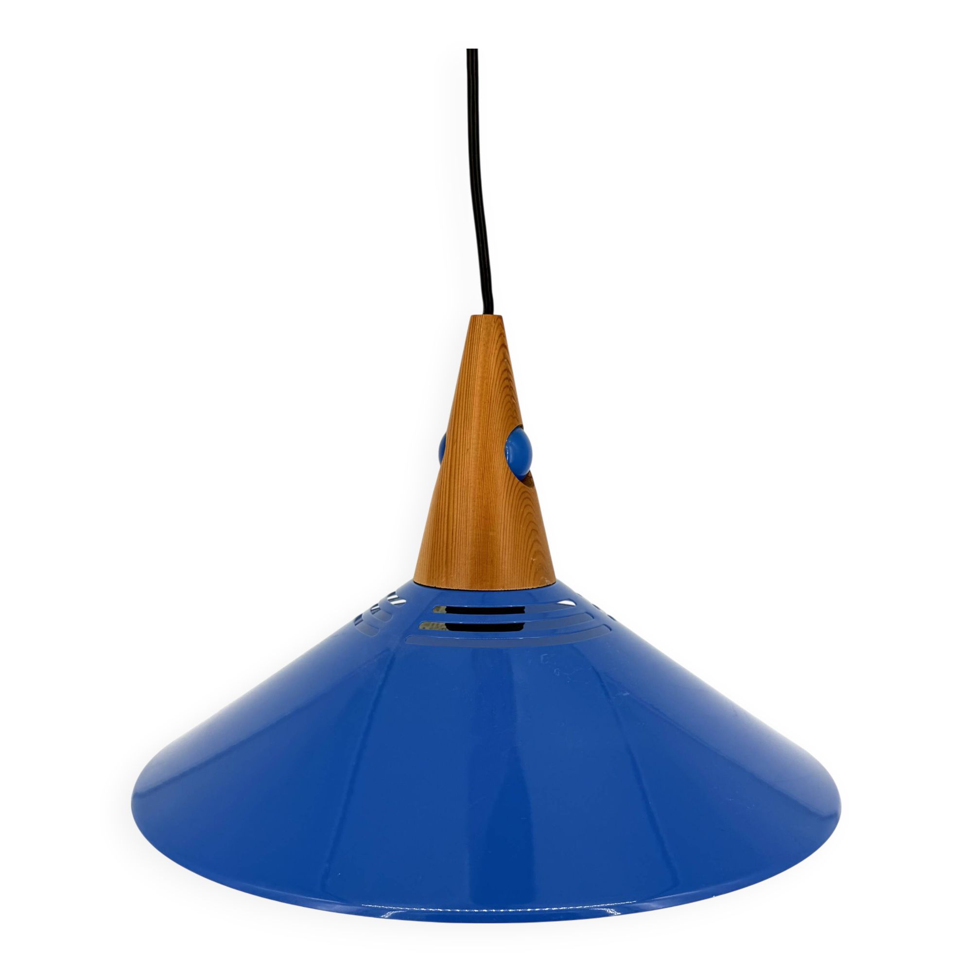 Vintage pendant light in blue metal and wood