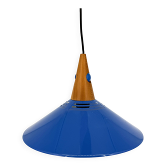 Vintage pendant light in blue metal and wood