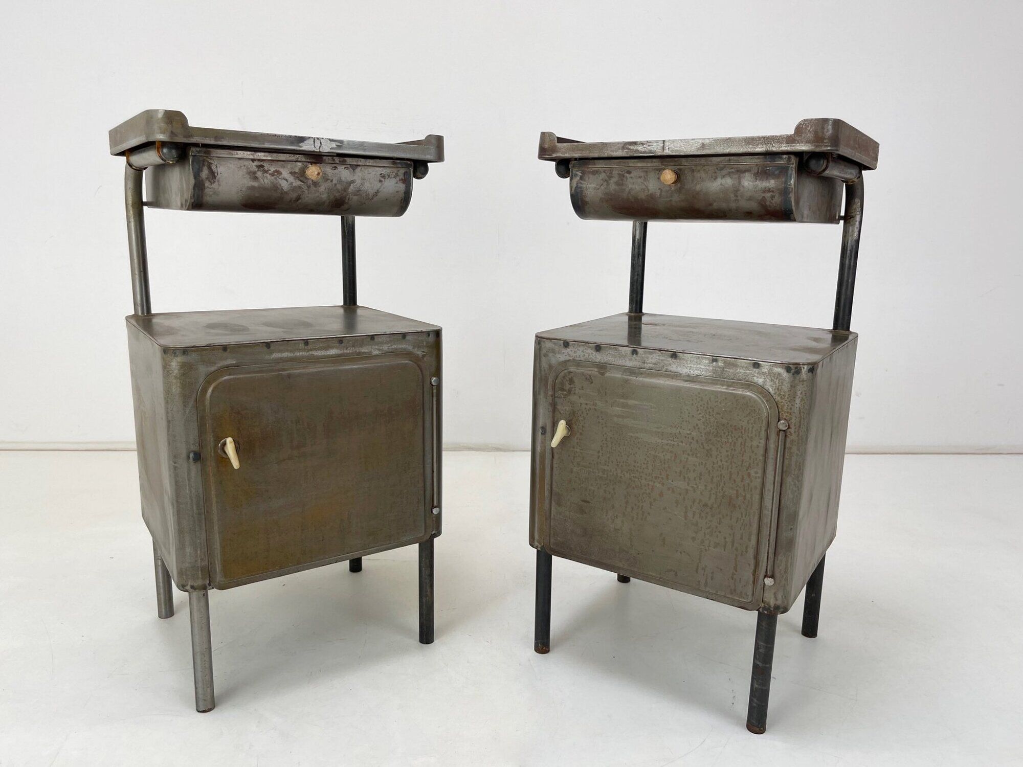 Vintage Industrial Brushed Steel Nightstands, 1920's