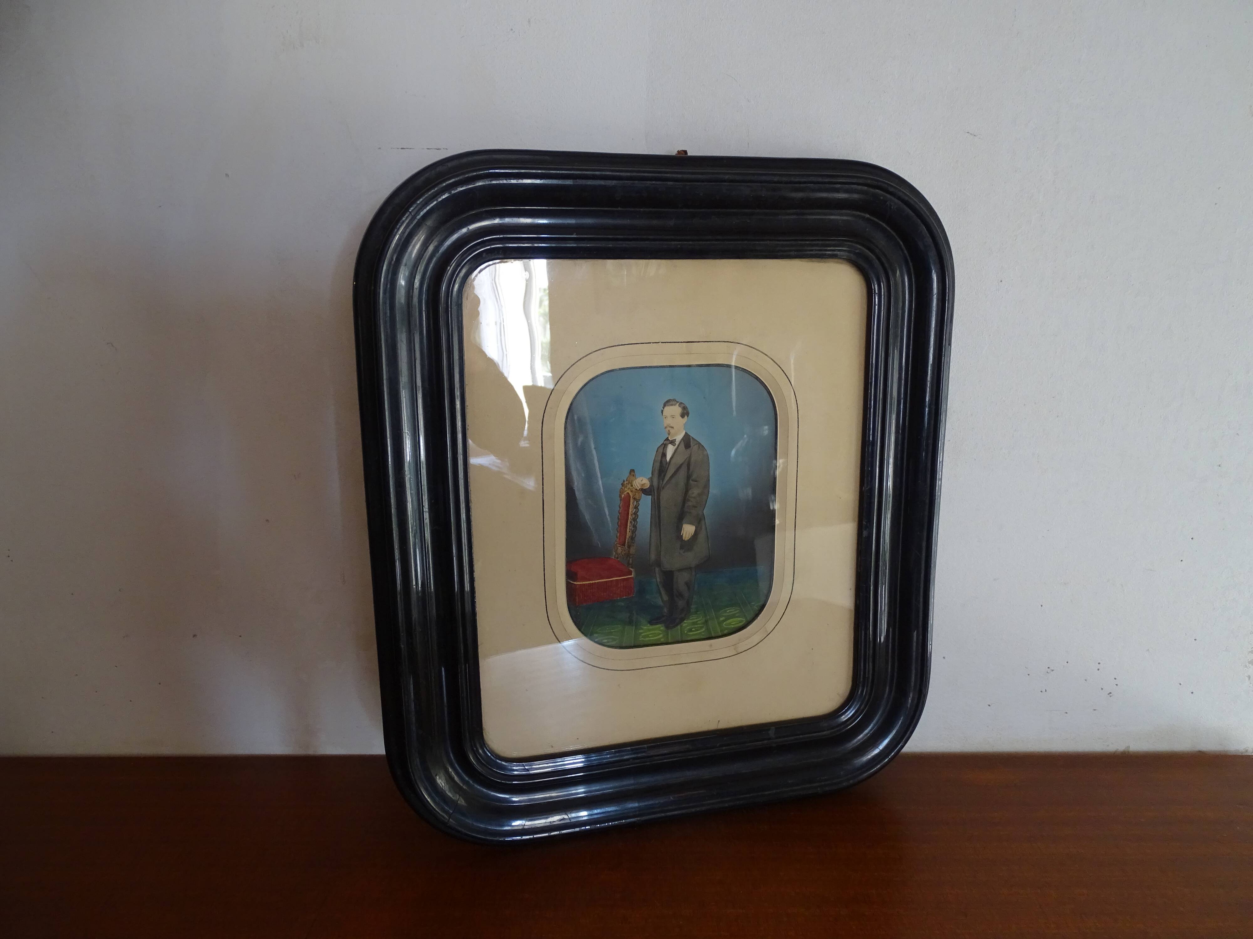 19th century pastel painting - Napoleon III blackened wood frame 40.5 x 35.5