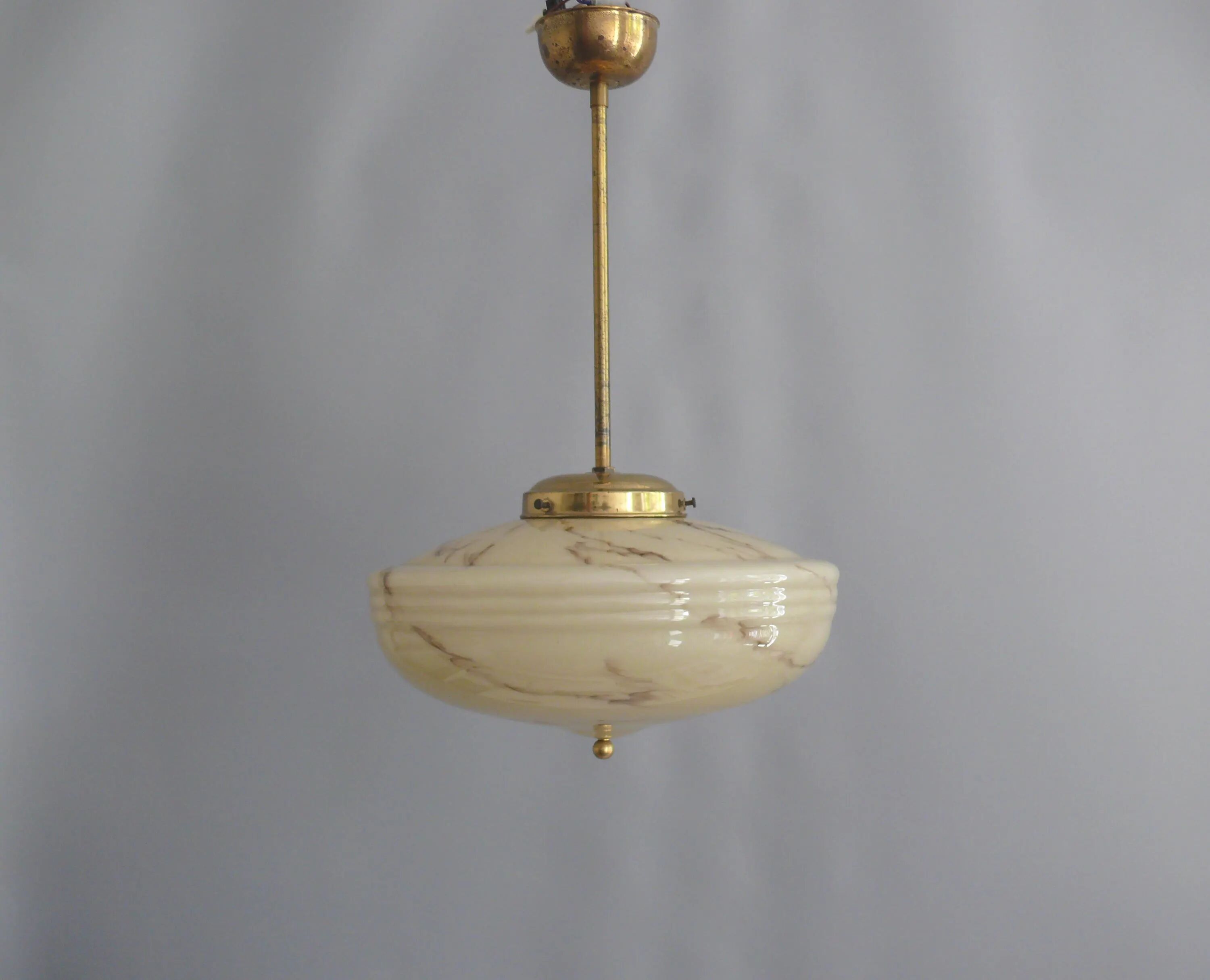 Art Deco Pendant Lamp, Beige Marble, Brass Suspension - 1930s