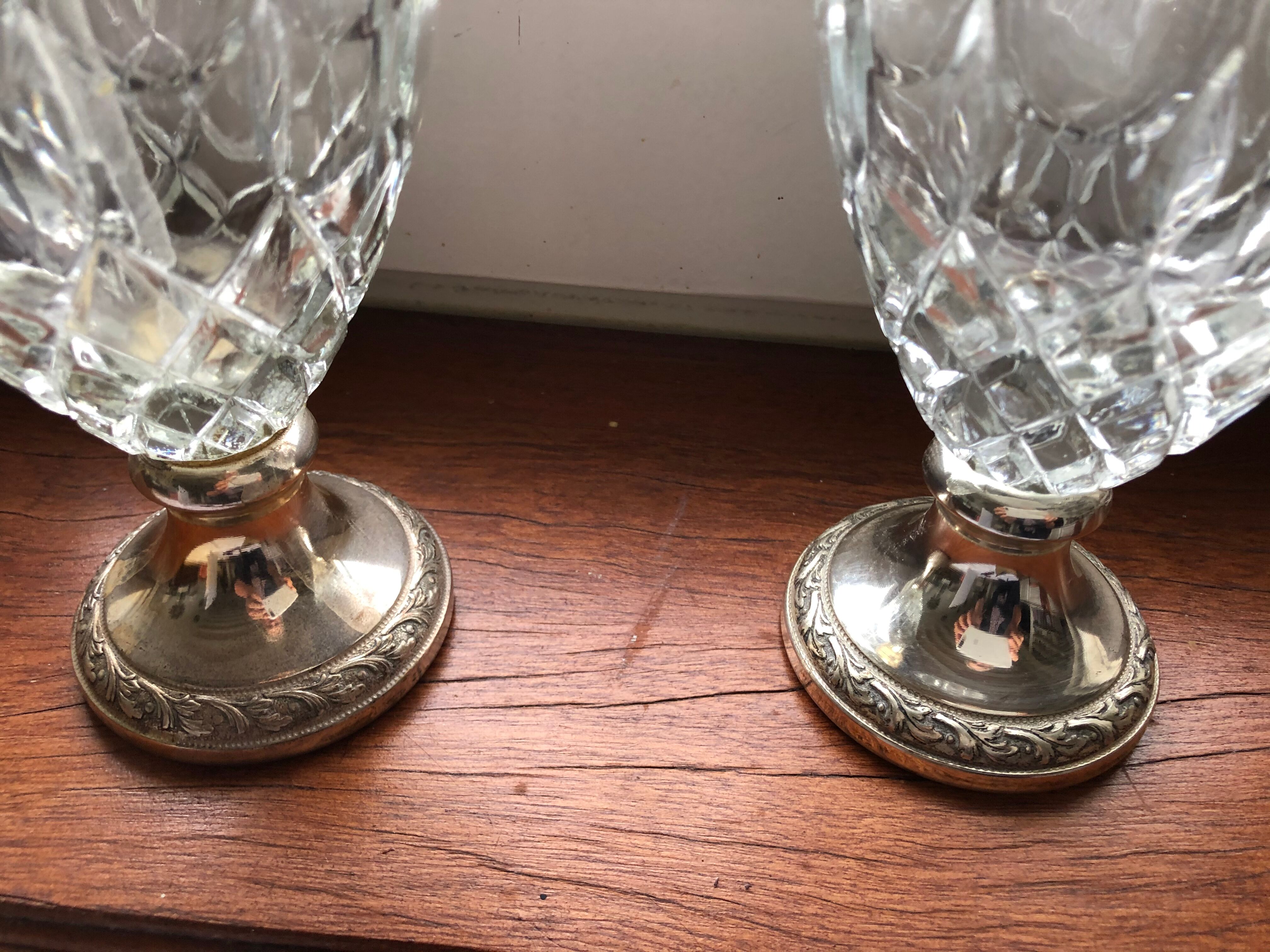 Pair of glass and silver metal ewers