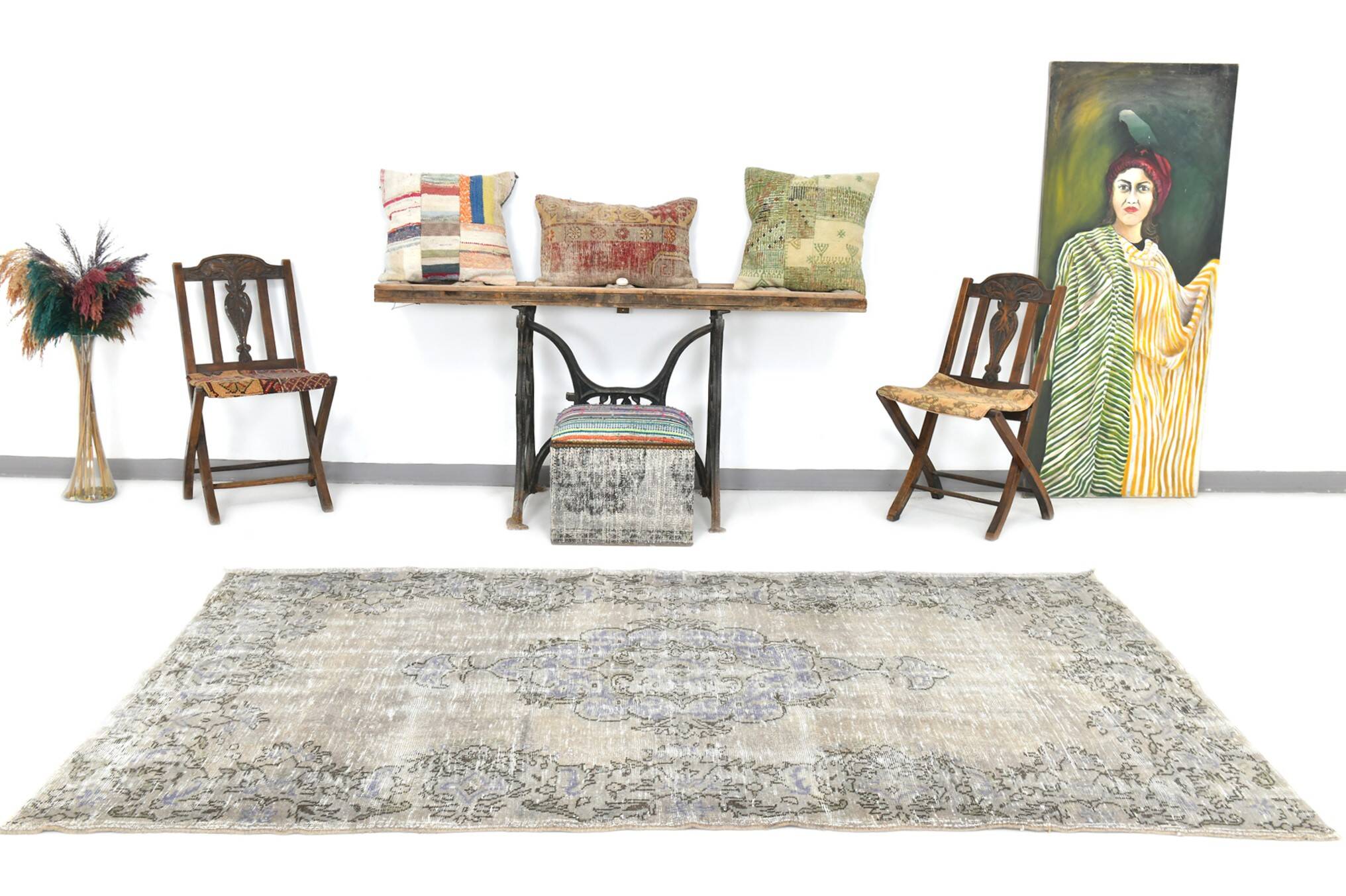 5x9 Rug For Living Room Gray Blue Handmade Wool Antique Turkish Rug, 156x264Cm