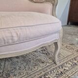 Louis XV style bench sofa in pink fabric and burlap