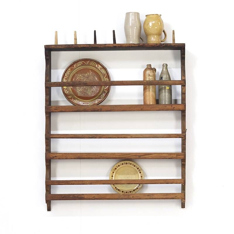 Antique Rustic Farmhouse Folk Art Kitchen Plate Rack / Schelves