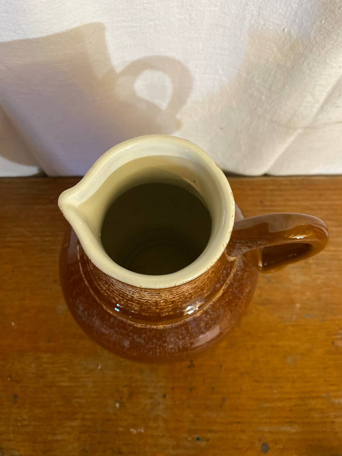 Antique strehla ceramic pitcher brown beige white interior vintage
