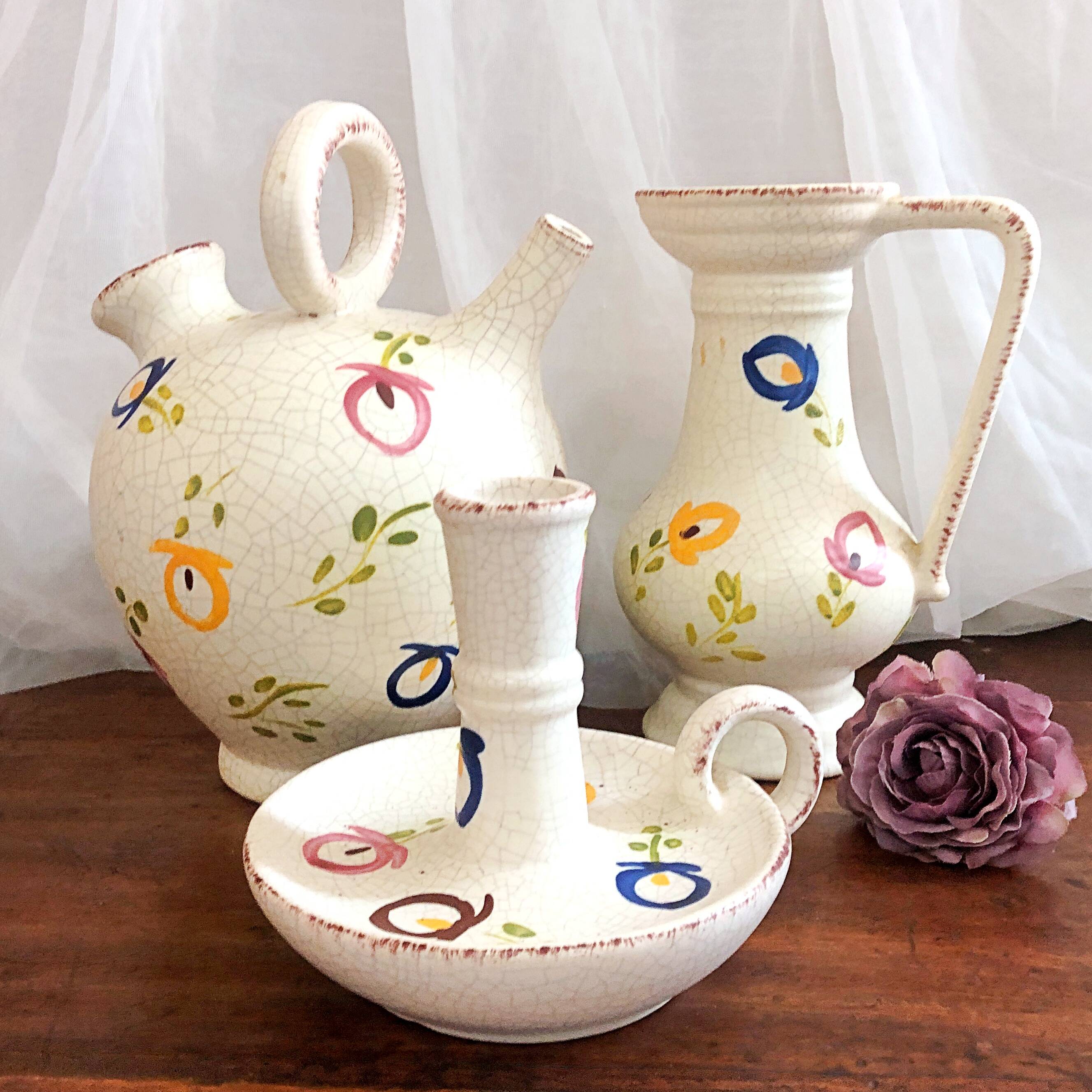 Carafe, gargoulette and candlestick artisanal pottery by Angèle de Poët-Laval