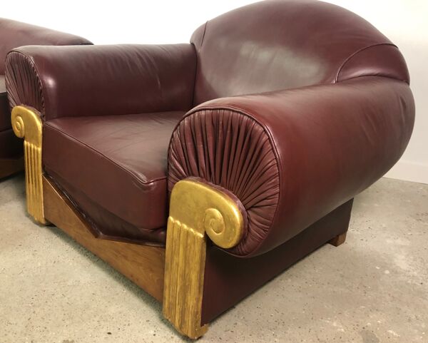 Fauteuils style art déco en bois et cuir bordeaux 1940