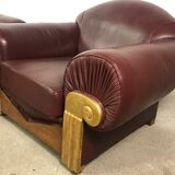 Armchairs (the pair) art deco style in wood and burgundy leather 1940