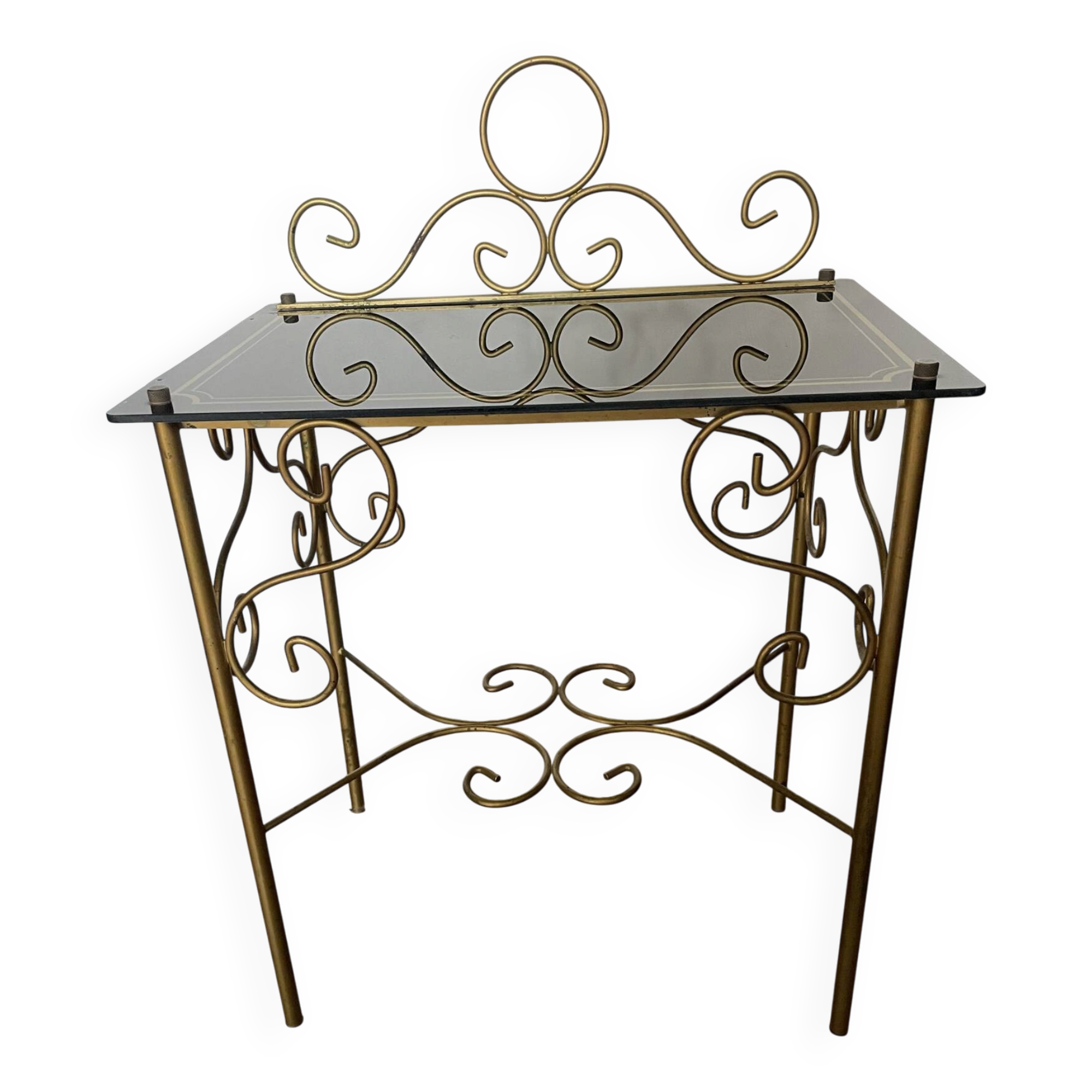 Vintage gilded metal side table, glazed ceramic trays